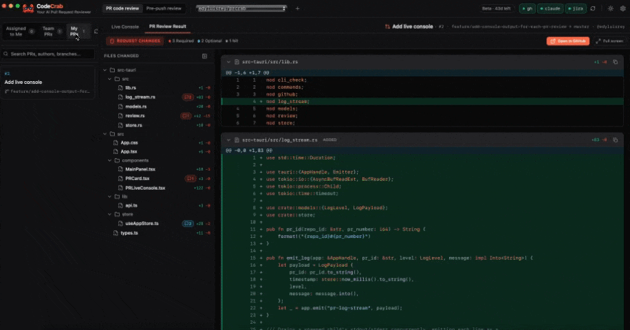 CodeCrab deeply investigating feedback left on my Pull Request and tracing it to the right solution