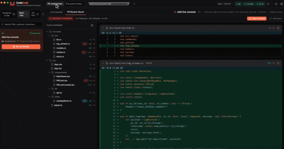 CodeCrab reviewing a teammate's Pull Request with inline AI observations on the diff