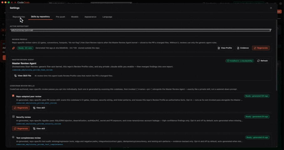 CodeCrab skills by repository: per-repo review profile, master review agent and generated CodeCrab review skills