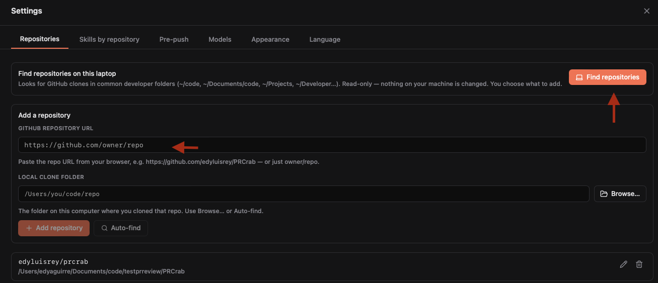 CodeCrab Settings → Repositories panel with the Find repositories button, the GitHub repository URL field and the Add repository button highlighted