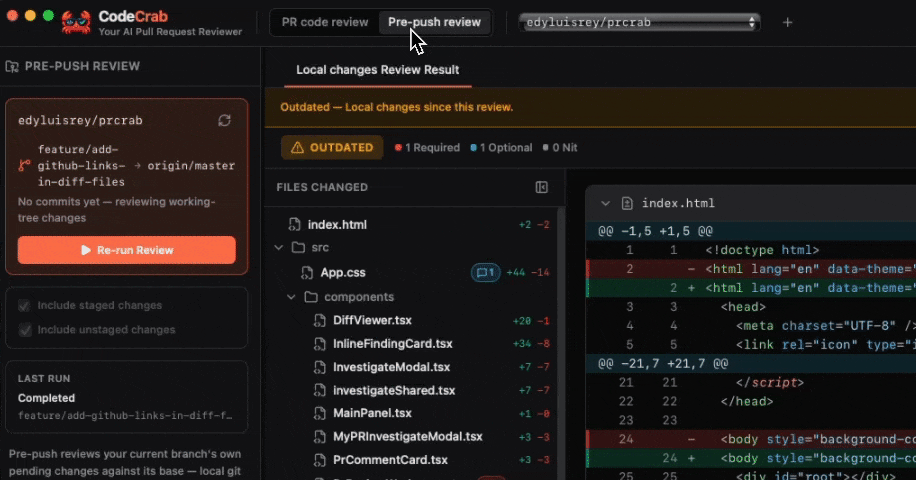 CodeCrab reviewing local changes before push, with AI findings and fixes applied before creating the Pull Request