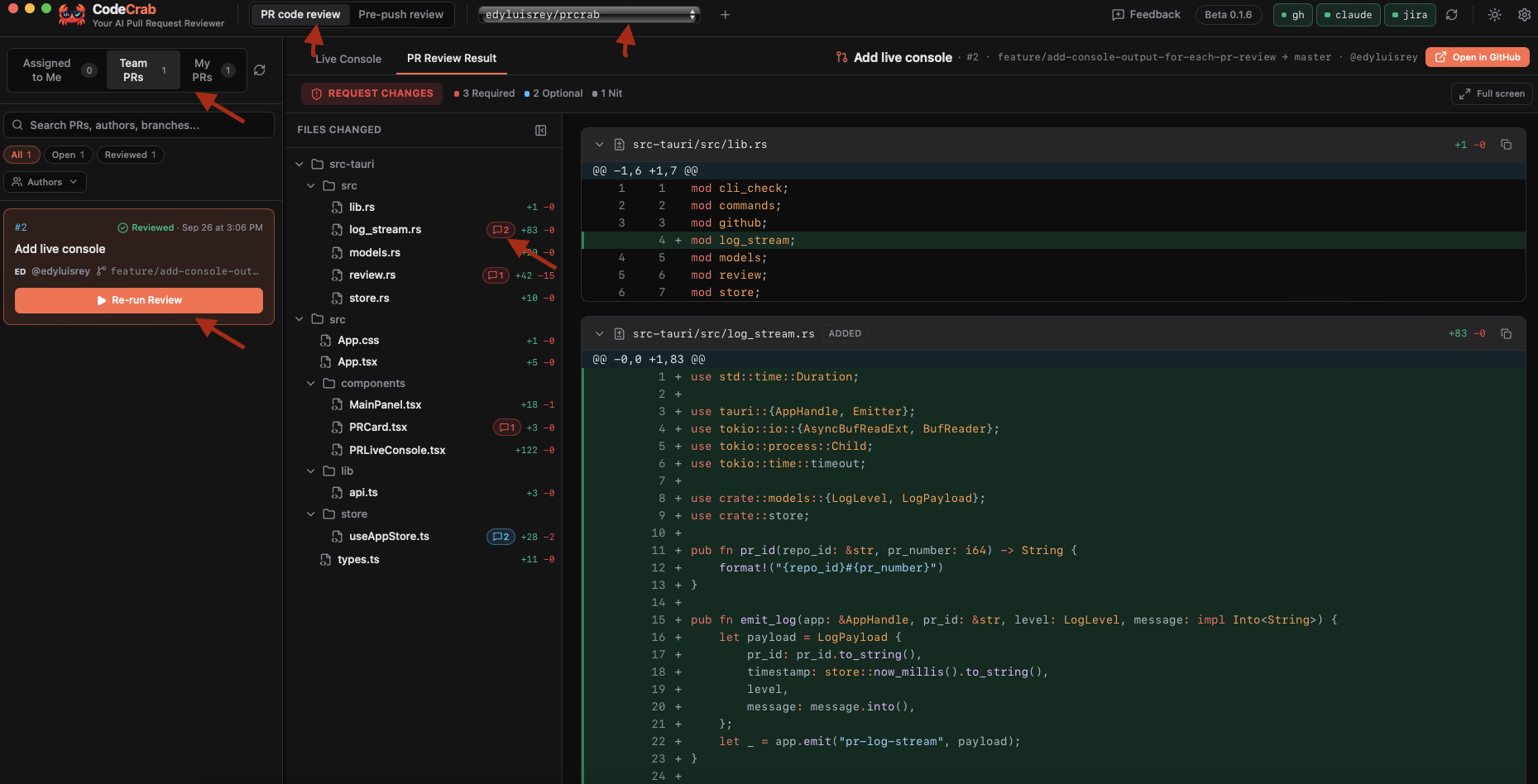 CodeCrab in PR code review mode with a repository selected, showing the PR Review Result tab with findings on the diff