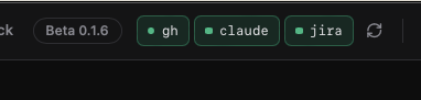 CodeCrab top bar with the gh, claude and jira badges in green