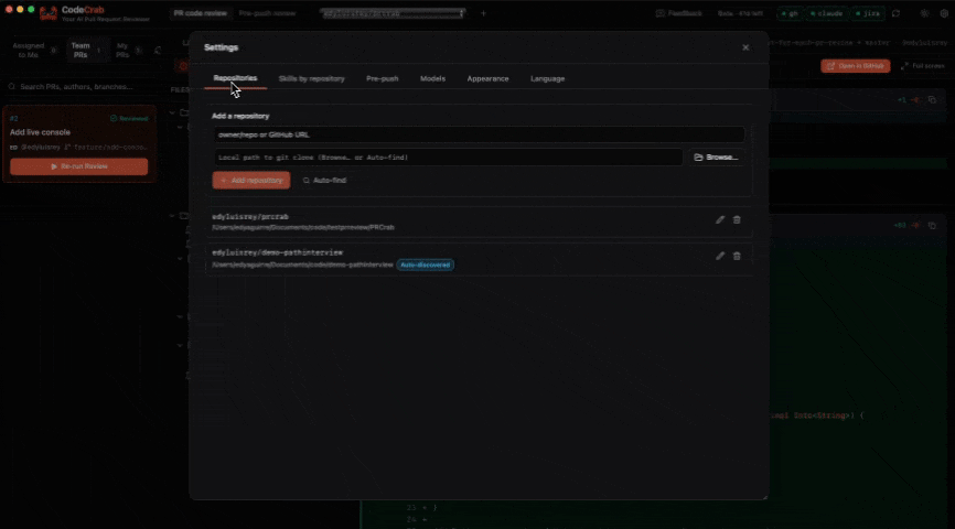 CodeCrab settings with connected repositories, skills by repository, models, appearance and language configuration